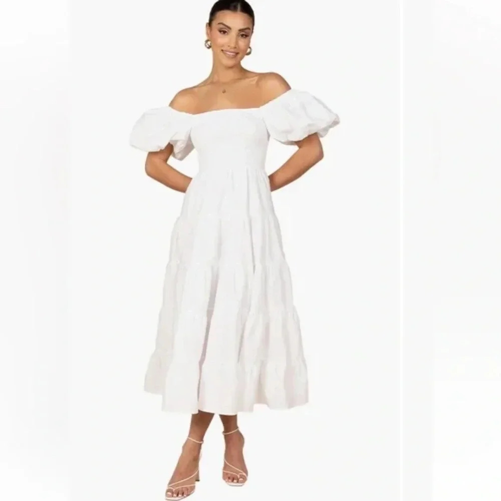 Petal & Pup White Puff Sleeve Shirred Midi Dress‎ Size S